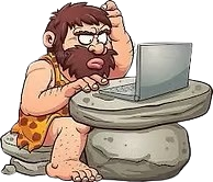 Cartoon caveman using a laptop - Cave City Pawn goes digital