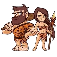 Cartoon caveman and cavewoman mascots of Cave City Pawn Shop